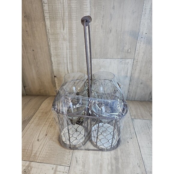 Rustic Wire Picnic Caddy with 6 Glass Holders & Wooden Handle – Farmhouse Style - Picture 1 of 2